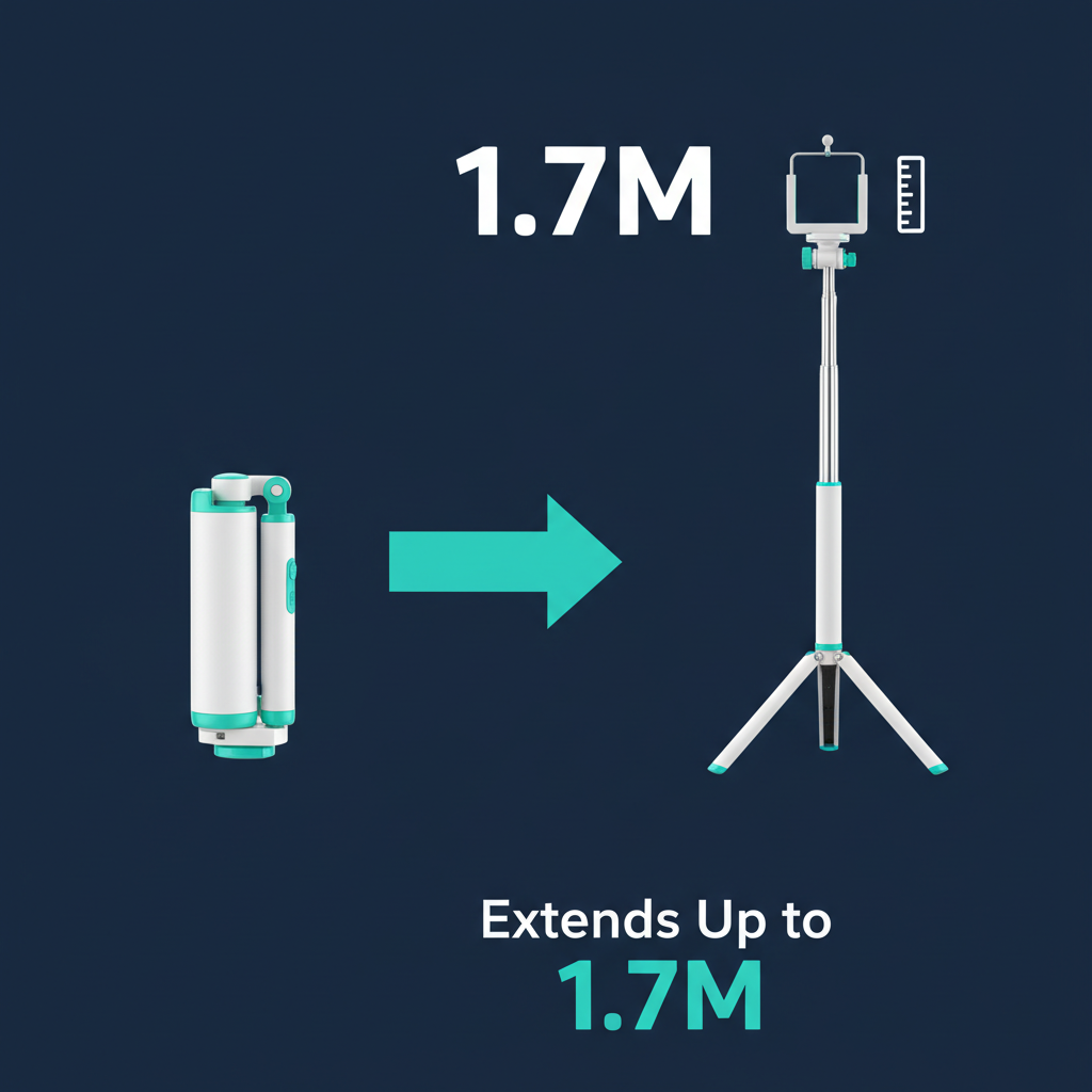 Selfie stick tripod infographic showing maximum 1.7 meter extension height on navy background