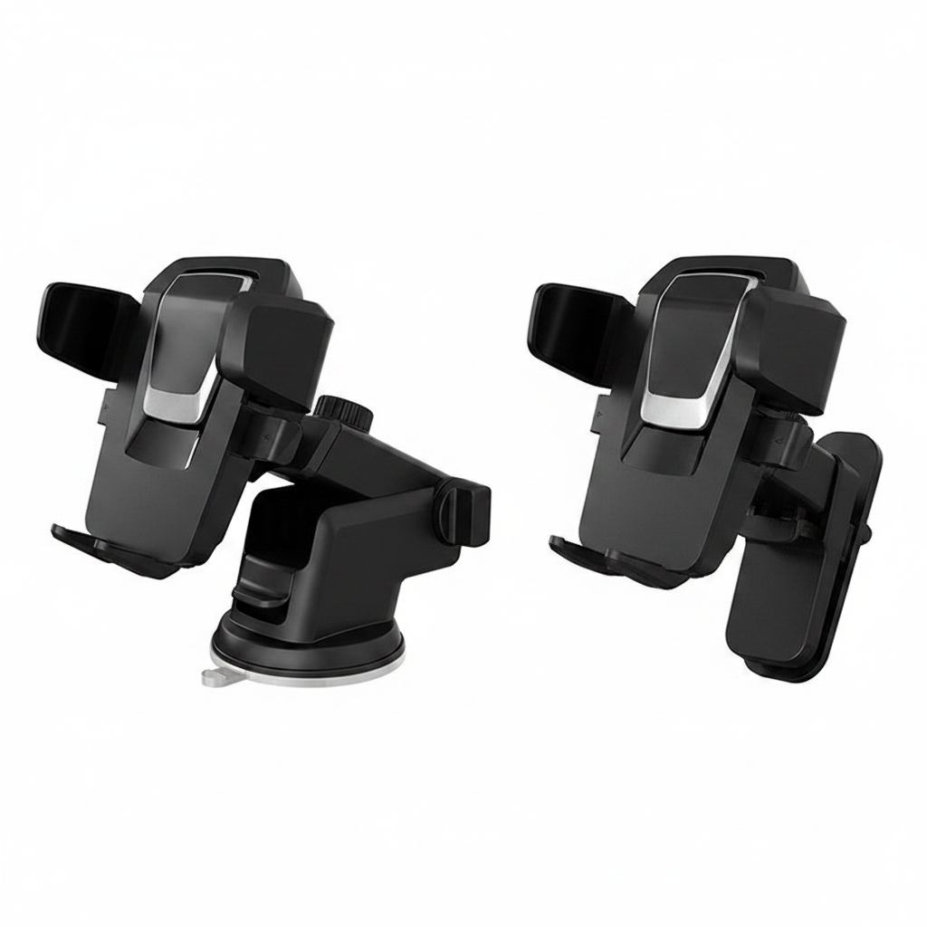 Universal car phone mount showing suction cup dashboard configuration and air vent clip configuration side by side on white background