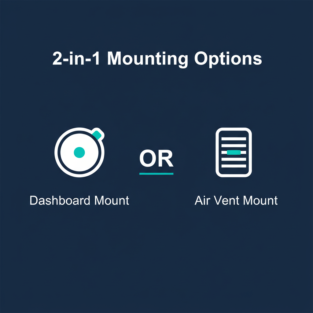 Infographic showing 2-in-1 mounting options for universal car phone mount — dashboard mount or air vent mount on navy background