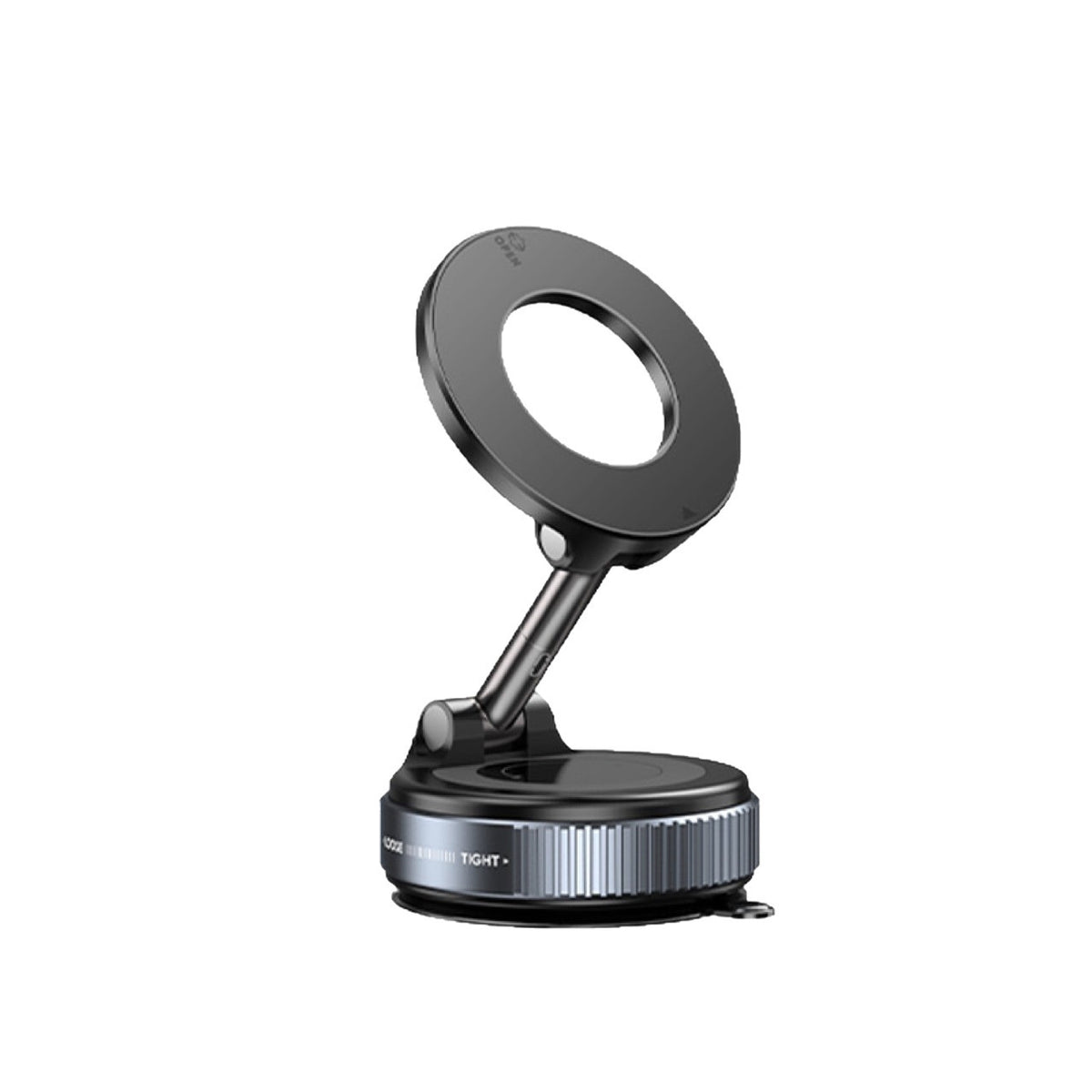 Magnetic car phone mount in black with 360 degree rotating ring and suction cup base on white background