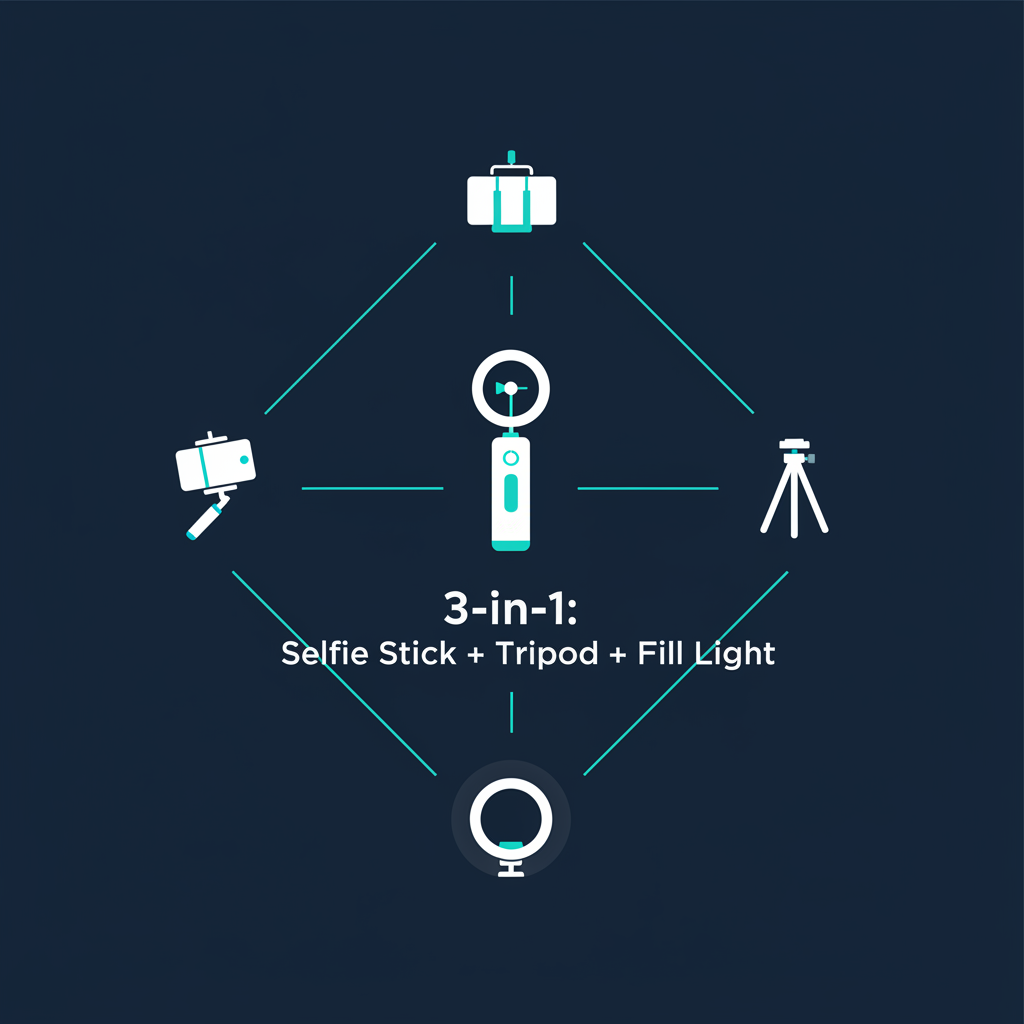Selfie stick tripod 3-in-1 feature infographic showing selfie stick, tripod stand, and fill light modes on navy background