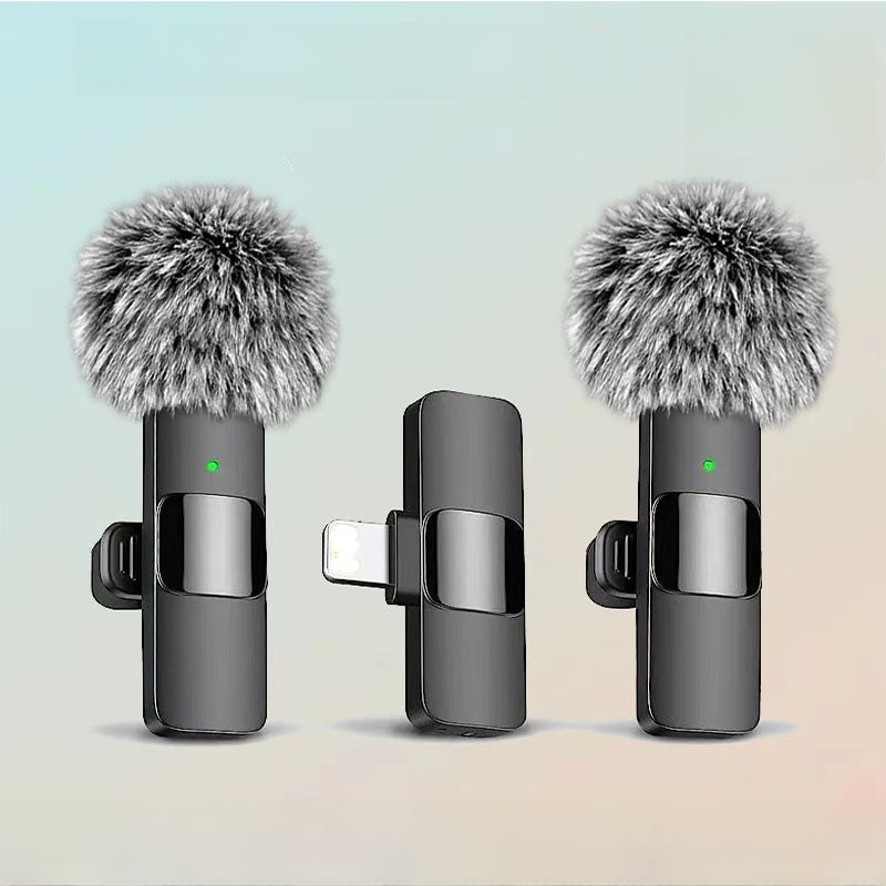 Wireless lapel mic dual pack showing two clip-on microphones with windscreens and Lightning receiver on gradient background