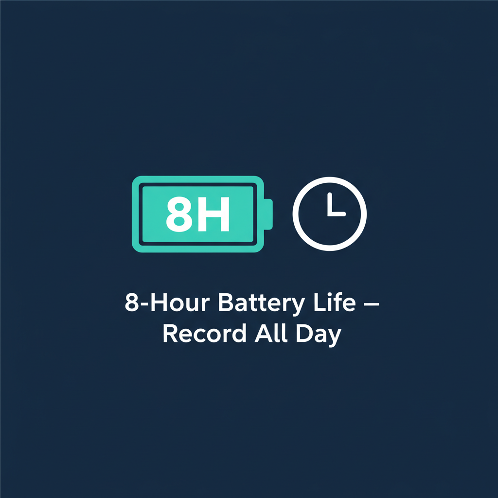 Wireless lapel mic 8 hour battery life infographic on navy background