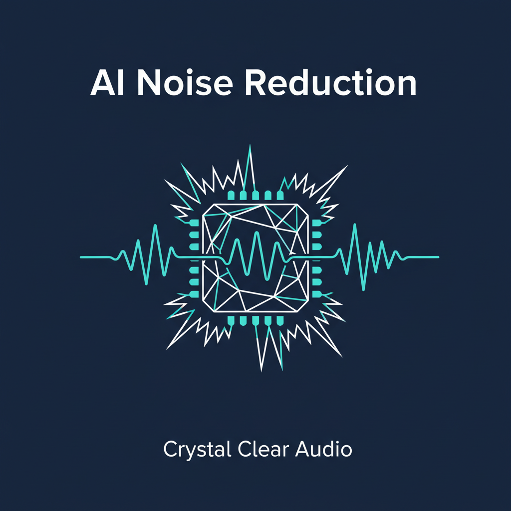 Wireless lapel mic AI noise reduction infographic showing audio chip processing crystal clear audio on navy background