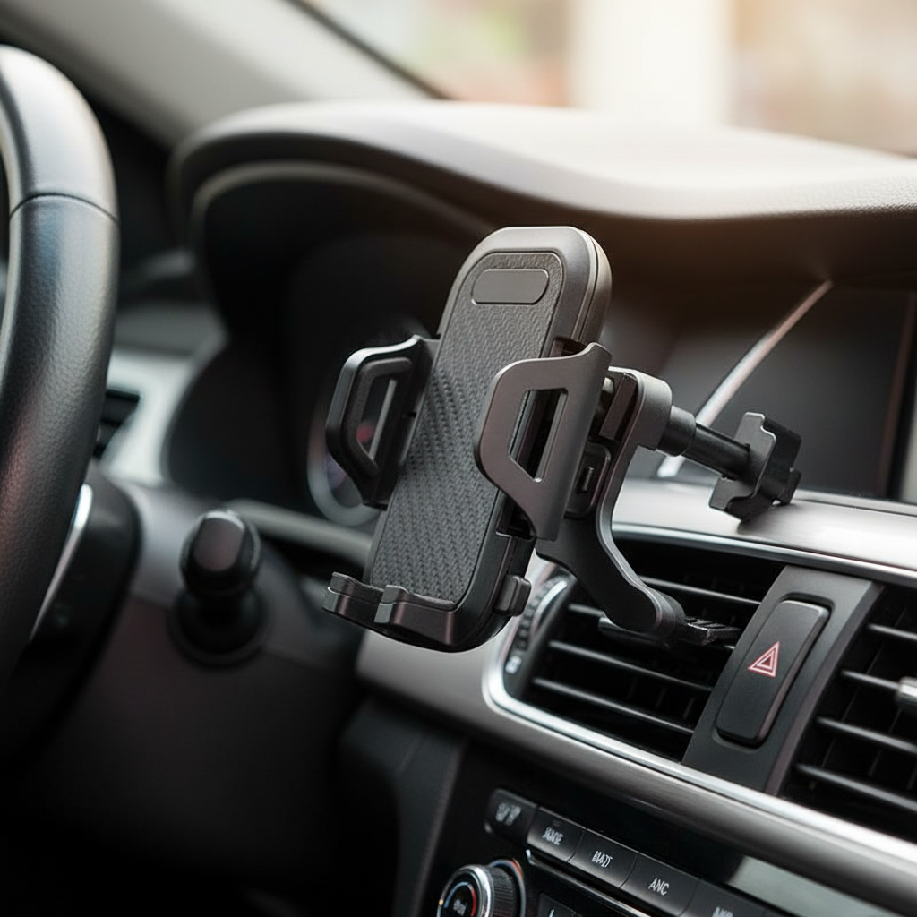 Universal car phone holder mounted on car air vent showing secure clip attachment and adjustable grip arms