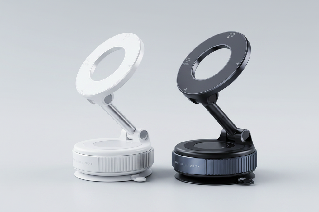 Magnetic car phone mount in white and black color variants side by side on grey background