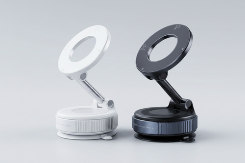 Magnetic car phone mount in white and black color variants side by side on grey background
