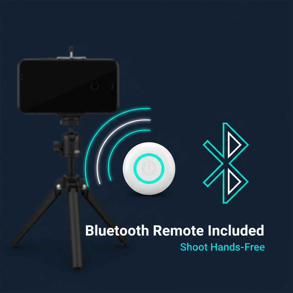 Selfie stick tripod with Bluetooth remote shutter button included, shoot hands-free on navy background