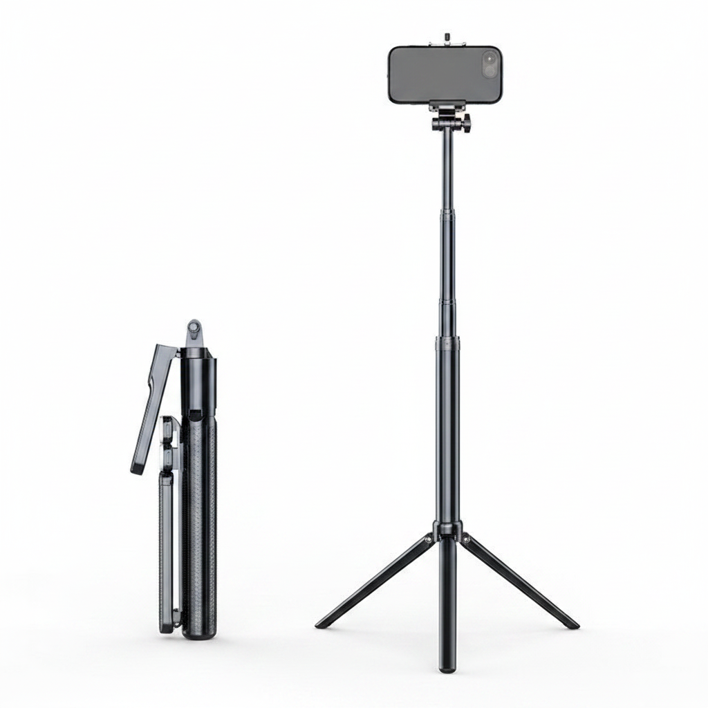 Selfie stick tripod shown folded compact beside fully extended height with phone holder on white background