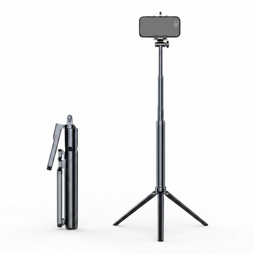 Selfie stick tripod shown folded compact beside fully extended height with phone holder on white background