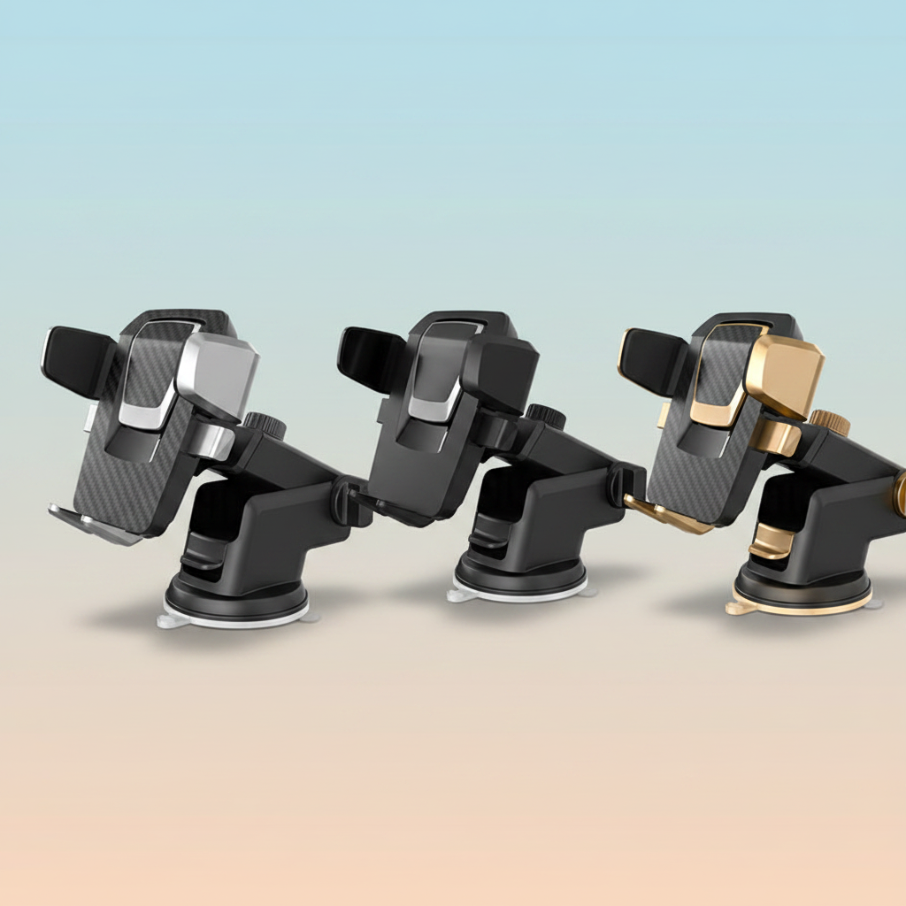 Universal car phone mount in silver, black, and gold color variants displayed on gradient background