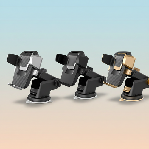 Universal car phone mount in silver, black, and gold color variants displayed on gradient background