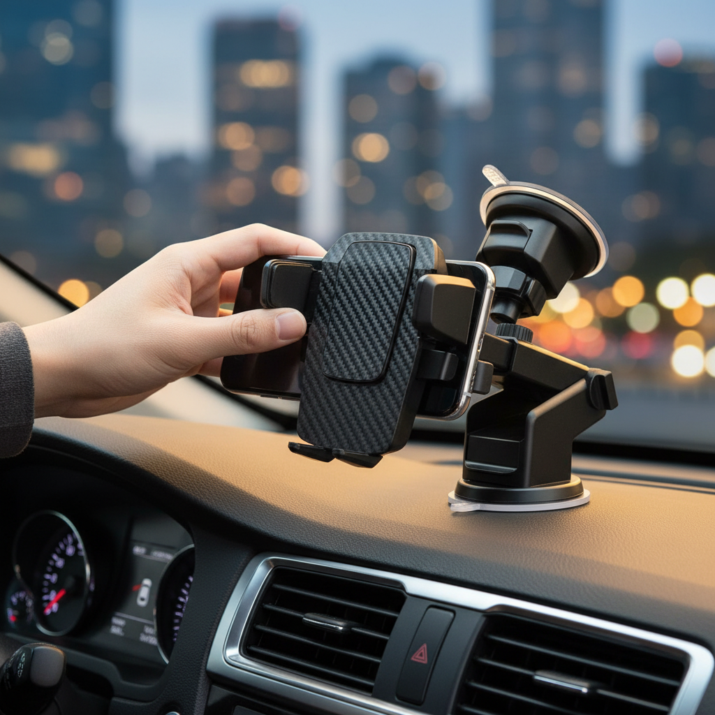 Hand placing smartphone into universal car phone mount on dashboard at night with city lights bokeh in background
