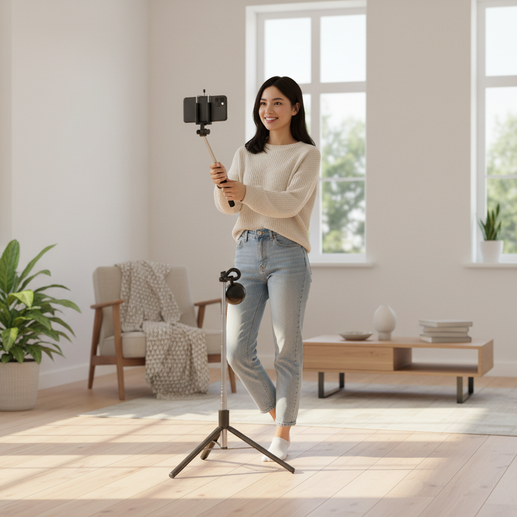 Woman smiling and filming herself using selfie stick tripod in bright modern living room