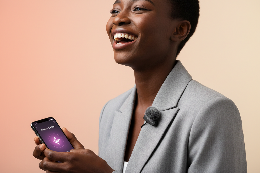 Woman smiling and holding smartphone with wireless lapel mic clipped to grey blazer on peach background