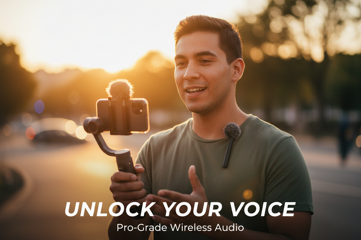 Male content creator filming himself outdoors at golden hour with wireless lapel mic clipped to green t-shirt and gimbal stabilizer