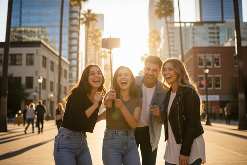 Group of four friends laughing and taking selfie with selfie stick on sunny city street with palm trees at golden hour