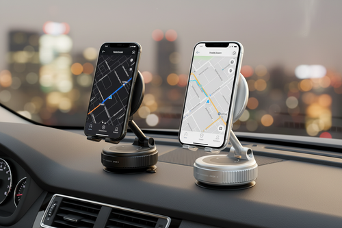 Black and white magnetic car phone mounts on car dashboard displaying navigation maps with city lights in background