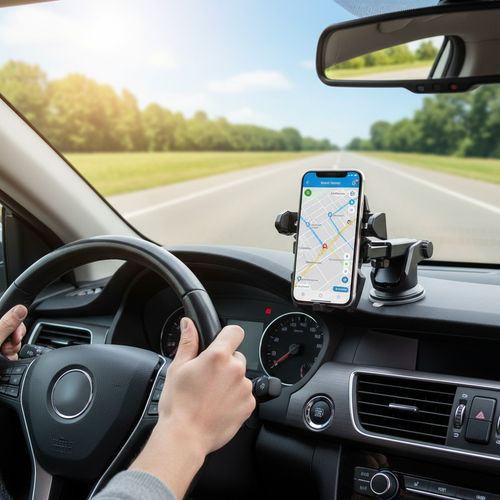 Driver using smartphone navigation app mounted on car dashboard with sunny open road ahead