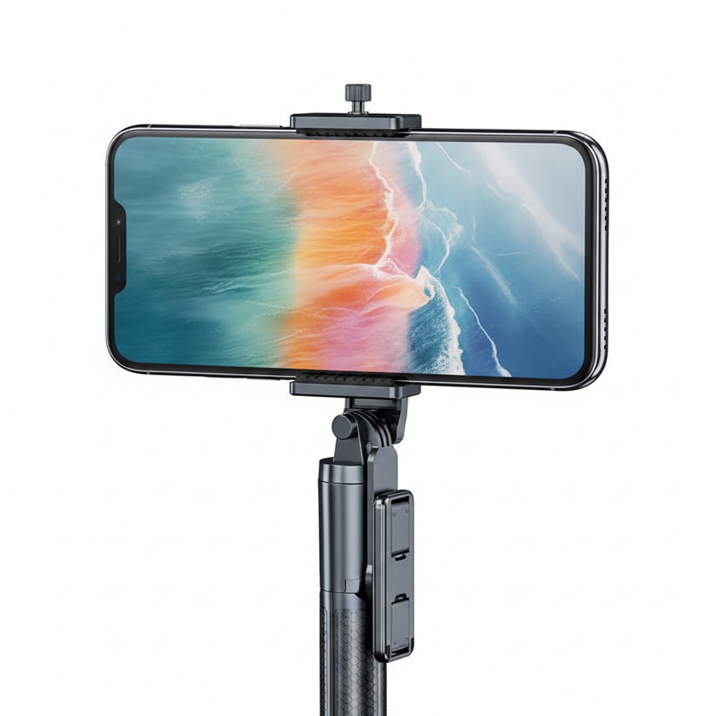 Close-up of selfie stick tripod adjustable phone clamp holding smartphone horizontally on dark background