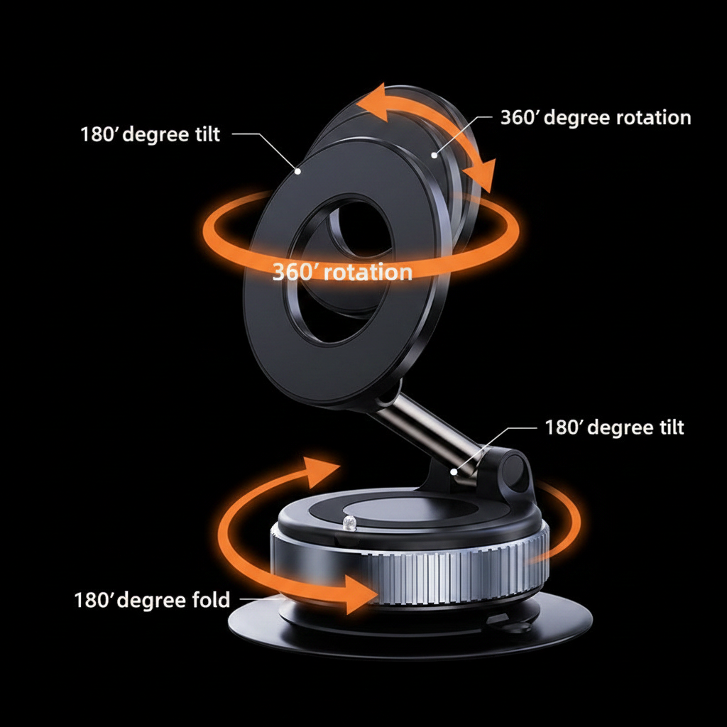 Magnetic car mount infographic showing 360 degree rotation, 180 degree tilt, and 180 degree fold features