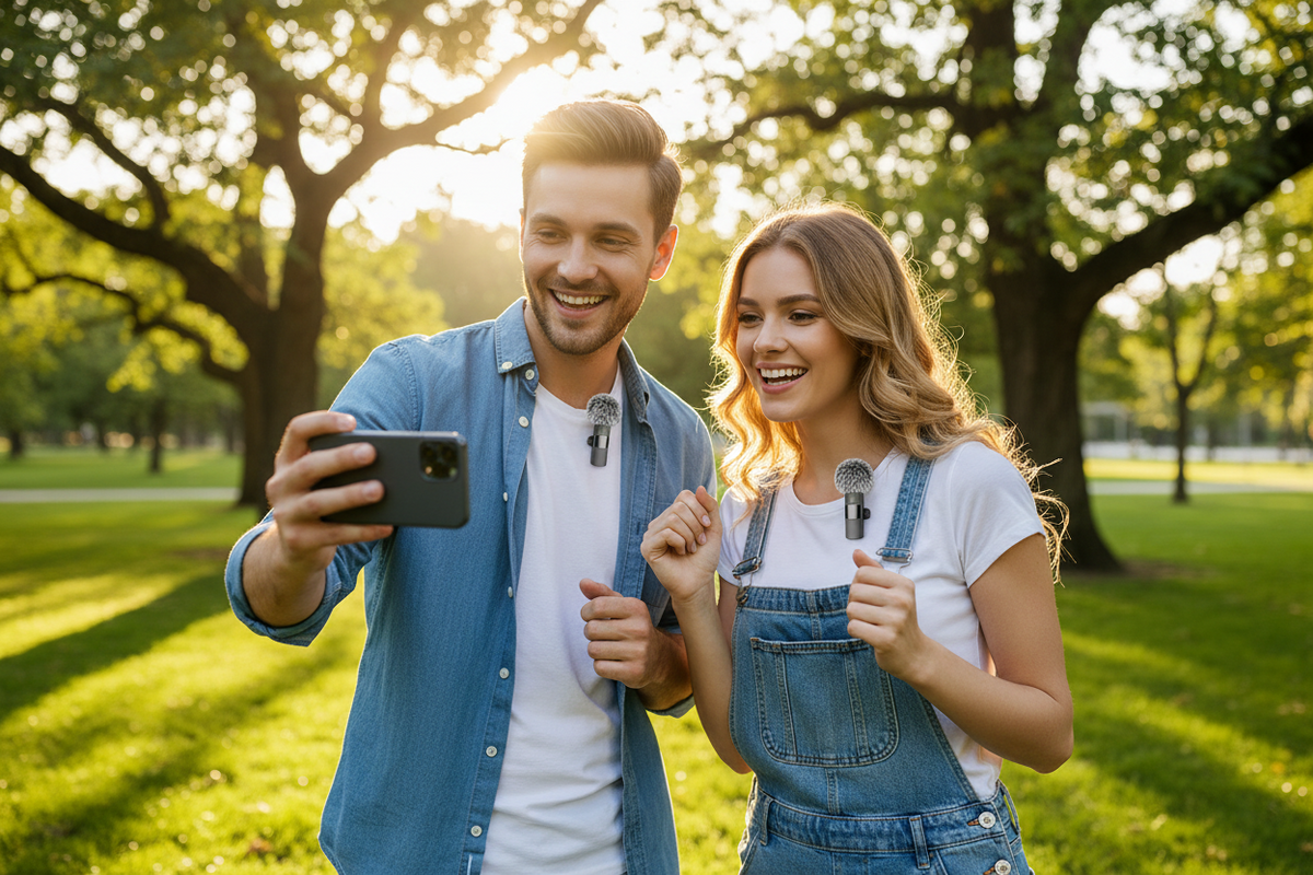 Man and woman in sunny park both wearing wireless lapel mics recording dual channel audio on smartphone at golden hour