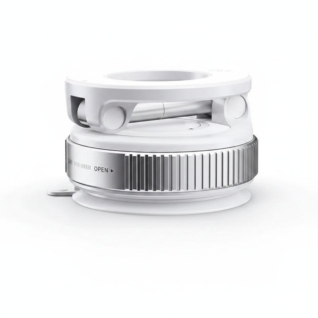 White magnetic car phone mount folded flat showing compact suction cup base and vacuum lock mechanism