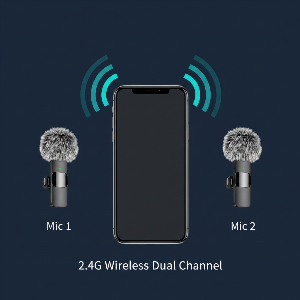 Wireless lapel mic dual channel infographic showing two microphones connecting simultaneously to one smartphone via 2.4G wireless on navy background
