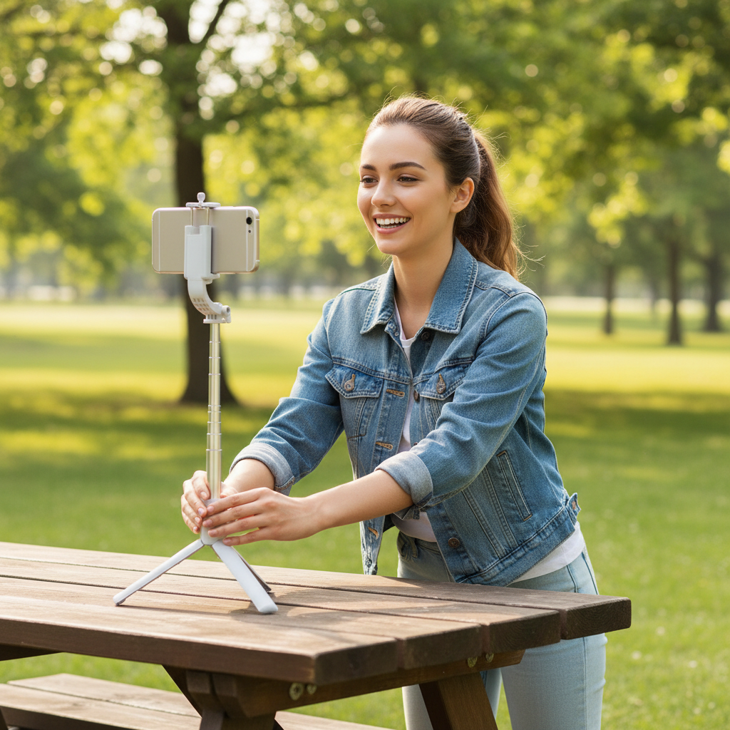 Woman in denim jacket smiling while setting up selfie stick tripod on wooden picnic table in green park