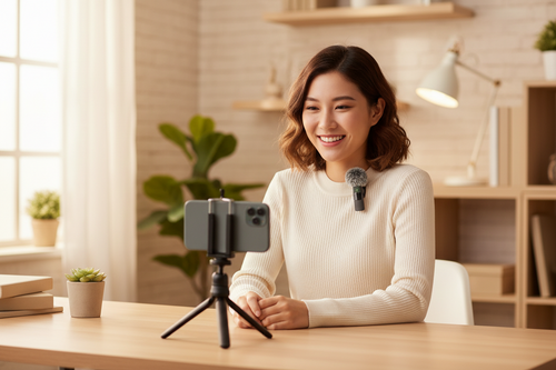 Woman smiling and recording vlog at home desk with wireless lapel mic clipped to white sweater and smartphone on mini tripod